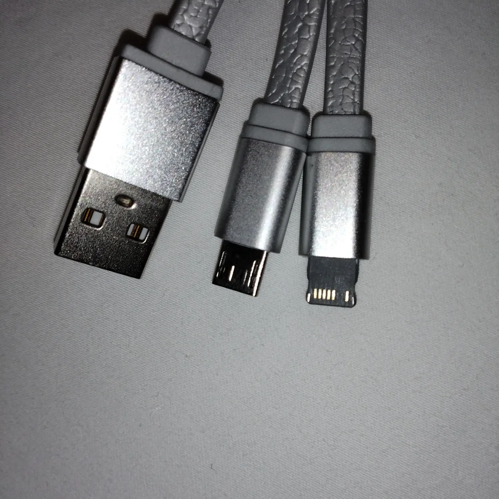 Multi Charger Cable Silver Leather Tassel Keychain UBS Micro USB & iPhone NWOT